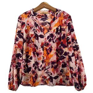 Hope & Harlow Womens Top /sz L Floral Pink/Maroon LS Bell Slv Flowy BizCasual